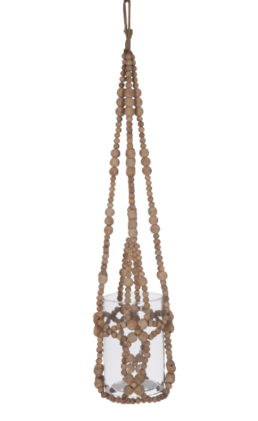 Photophore à suspendre en bois et verre de la collection Desert Breeze, J-Line. 39 euros.