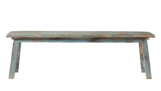 "Avignon", banc en manguier bleu-grisé (L.: 150 cm), Maisons du monde. 179,90 euros.