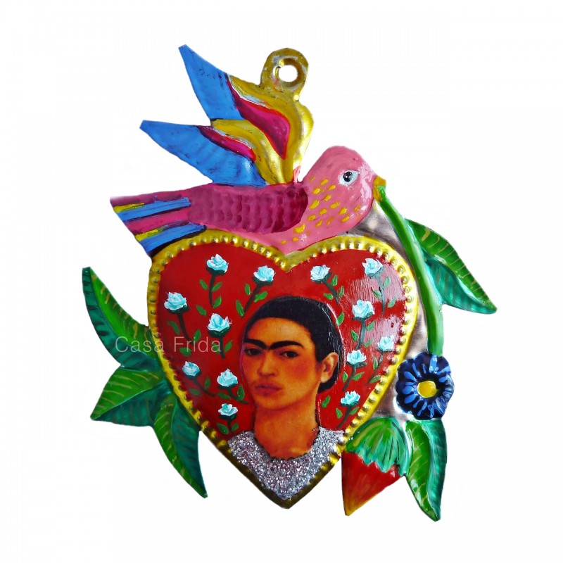 Coeur peint 'Frida Kahlo à l'oiseau' en métal embossé