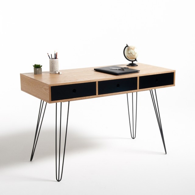 Bureau 3 tiroirs 'Biface' en MDF plaqué frêne et métal (L 120 x H 76,5 x P 55 cm), La Redoute Intérieurs, 309€