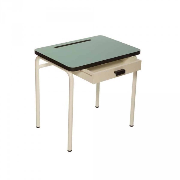 Bureau d'écolier 'Régine'bleu jade en MDF, acier et contreplaqué hêtre (L 55 x P 40 x H 54 cm, Les Gambettes, 199€