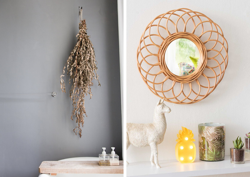 gedroogde bloemen boho badkamer rotan spiegel